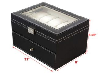 Black Leather 20 Grid Jewelry Watch Display Organizer Gloss Top Box Case Large