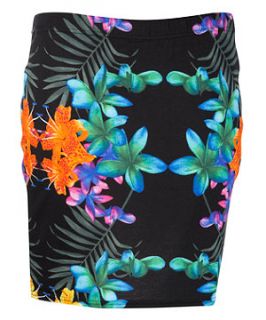 Inspire Black Tropical Print Mini Skirt