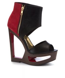 Limited Black and Red Colour Block Cut Out Zip Leather Wedges