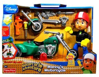 Fisher Price Year 2009 Disney Channel Handy Manny Motorcycle Adventure 8 1/2 Inch Tall Figure Playset   Manny's Motorcycle with Manny's Figure, Felipe, Blueprint, Rusty, Fork, Front Tire, Engine, Muffler and Gas Tank Plus Phrases in English and Spa