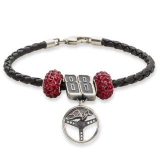#88 Dale EarnHardt Jr Sterling Silver Two Dark Red Crystal Driver Number & Signature Steering Wheel Leather Bracelet Jewelry