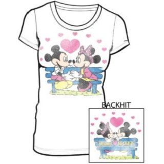 Mickey & Minnie Mouse Bench Lovers T Shirt (Medium, White) Clothing