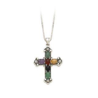 Sterling Silver Multicolor Jade Cross Pendant with Chain Puresplash Jewelry