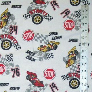 44" Wide Flannel Fabric, Race Car Demon Speed Flag Start Stop Wheels Number Etc, Flannel Fabric By the Yard  Other Products  