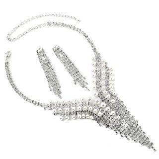 Bridal Wedding Party Silver Crystal Rhinestone White Pearl Cascading Down Y neck Necklace & Matching Dangle Earrings Jewelry Set Jewelry