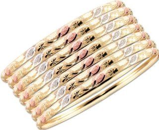 14k Yellow Gold Rose and White Rhodium, 7 Piece Set Women Lady Slip On Bangle Bracelet With Sparkly Cuts Jewelry