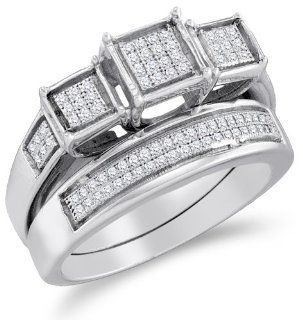 .925 Sterling Silver Plated in White Gold Rhodium Diamond Ladies Bridal Engagement Ring with Matching Wedding Band Two 2 Ring Set   Square Princess Shape Center Setting w/ Micro Pave Set Round Diamonds   (.29 cttw) Sonia Jewels Jewelry