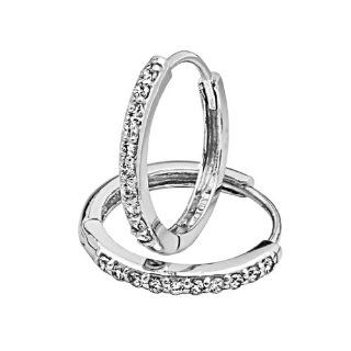 14K White Gold 2mm Thickness CZ Round Hoop Huggies Earrings (0.6" or 16mm) The World Jewelry Center Jewelry