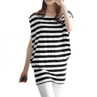 Ladies Scoop Neck Short Sleeve Stripes Side Zippers Dress Black White XS Clothing