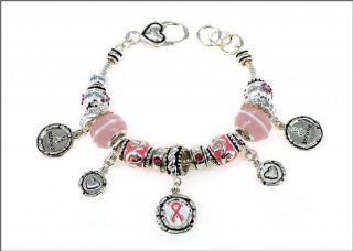 Pandora Style Silvertone Breast Cancer Support Multi Bead Lobster Clasp Bracelet W/Pink Ribbon Charm 