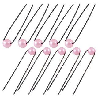 10 Pcs Pink Bead Decor Black Metal U Shaped Hair Pins Clips for Lady Beauty