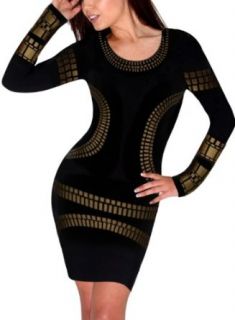 Miusol Celebrity Kim Egypt Gold Foil Print Long Sleeve Bodycon Dress Clothing