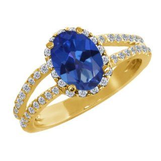 2.08 Ct Oval Sapphire Blue Mystic Topaz White Diamond 18K Yellow Gold Ring Jewelry