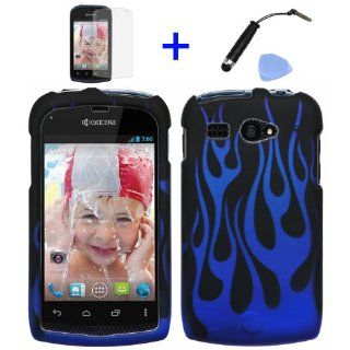 4 items Combo Mini Stylus Pen + LCD Screen Protector Film + Case Opener + Black Blue Flame Design Rubberized Snap on Hard Shell Cover Faceplate Skin Phone Case for BOOST MOBILE KYOCERA HYDRO C5170 (will fit the HYDRO C5170 model number only  Please double