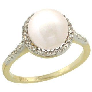10k Gold Halo Engagement 8.5 mm White Pearl Ring w/ 0.146 Carat Brilliant Cut Diamonds, 7/16 in. (11mm) wide, size 5.5 Jewelry