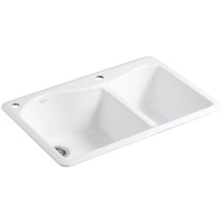 KOHLER K 5841 2 0 Lawnfield Self Rimming Offset Double Basin Sink with 2 Hole Faucet Drilling, White
