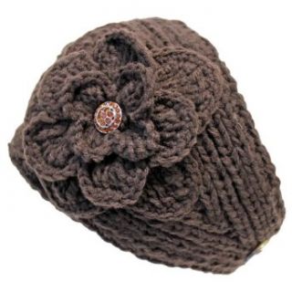 Brown Wide Ultra Soft Knit Crocheted Headband With Rhinestone Flower Clothing