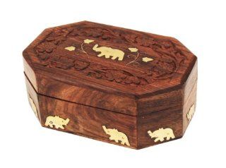 Mothers Day Gift Beautiful Handmade Wooden Jewelry Storage Keepsake Box (6 x 4) with Elephant Brass Inlay Velvet Interior  