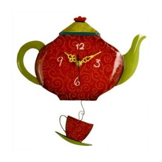 River City Clocks Metal Red & Green Teapot with Tea Cup Pendulum Wall Clock   11 in. Wide   Wall Clocks