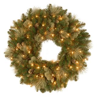 24 in. Carolina Pine Pre Lit Christmas Wreath with Flocked Pine Cones   Christmas Wreaths