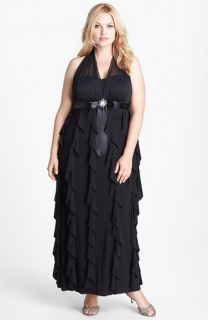 Betsy & Adam Embellished Waist Ruffled Halter Gown (Plus Size)