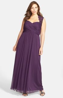 Xscape Lace Yoke Ruched Jersey Gown (Plus Size)