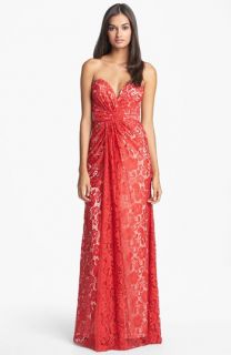 Dalia MacPhee Strapless Ruched Lace Gown