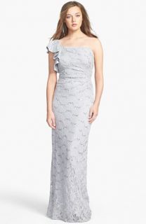 Hailey by Adrianna Papell Ruffled One Shoulder Lace Gown