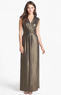 Ellen Tracy Front Wrap Metallic Jersey Maxi Dress