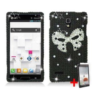 LG OPTIMUS L9 MS769 METRO PCS 3D WHITE BOW BLACK DIAMOND BLING COVER SNAP ON HARD CASE + SCREEN PROTECTOR from [ACCESSORY ARENA] Cell Phones & Accessories