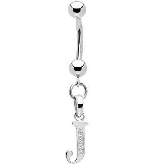 Solid 14k White Gold Cz Initial J Belly Ring Jewelry