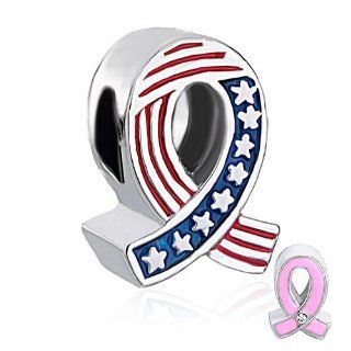 Silver Plated Pugster Breast Cancer Awareness Usa Flag Pink Ribbon Brands Charm Fits Pandora Bead Jewelry