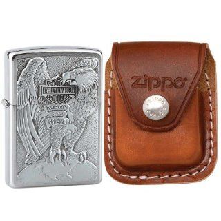 Zippo 200HDH231 Eagle Emblem Harley Davidson Brushed Chrome Windproof Lighter with Zippo Brown Leather Clip Pouch Sports & Outdoors