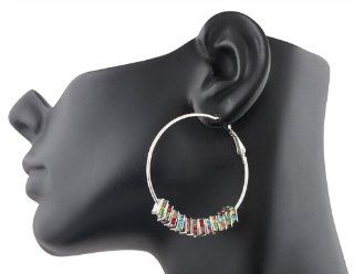 2 Pairs of Multicolors 3 Inch Silver Hoops with Iced Out Rondelle Squares Paparazzi Earrings Jewelry