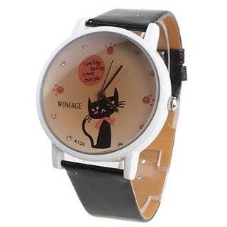 Women's Cartoon Cat Pattern Black PU Band Quartz Analog Wrist Watch Watches