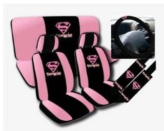 11pc Supergirl Super Girl Pink Logo Low Back Seat Covers with Head Rest Covers, Bench Cover and Steering Wheel Cover with Shoulder Pads Licensed and Rare Product Automotive