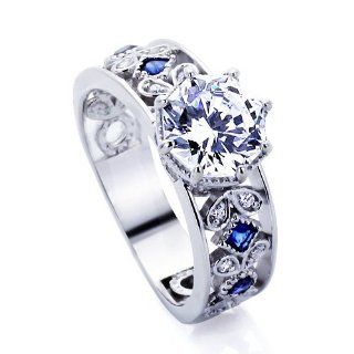 Platinum Plated Sterling Silver Wedding & Engagement Ring Blue Stone Accented, Octagon Cut 2Carat Cubic Zirconia ( Size 5 to 9) Jewelry