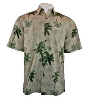 Go Barefoot Peached Cotton, Sand & Green Colored, Short Sleeve, Banded Collar, Old School Hawaiian Style Men's Shirt with Batch Pockets, Side Vents and Matching Coconut Buttons   Coconut Tree (Small) Clothing