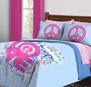Love Peace Sign Reversible Girls Kids Full Comforter Bed In A Bag Set   Peace Sign Bedding For Girls