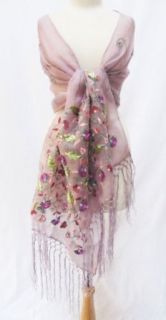 "Barcelona" Floral Ribbon Embroidered Beaded Sheer Silk Organza Scarf Stole Shawl Wrap Table Runner with Fringe Lavender Pink Purple Green Clothing