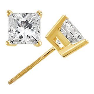 1.50 Ct. Princess Cut Diamond Stud Earrings   14k Yellow Gold   H I, SI3   1 and 1/2 Carat Jewelry