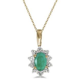 Oval Emerald and Diamond Flower Shaped Pendant Necklace 14k White Gold Allurez Jewelry