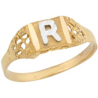 10k Two Tone Real Gold Diamond Cut Design Letter R Initial Band Ring Jewelry