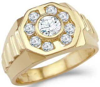 Solid 14k Yellow Gold Mens Big CZ Cubic Zirconia Wedding Band Fashion Ring 1.25 ct Jewelry