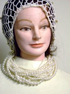Sn101, Hand Crocheted White Ivory Gimp Large Snood Trimmed with Fire Polished Golden Beads for Women in Combination with Sterling Silver Long Chain Necklace with Twelve Strand Cultured Graduated Ivory Pearl Necklace and Earrings Clothing