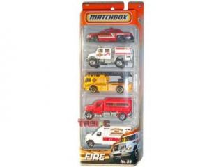 2010 2011 MATCHBOX 5 PACK, FIRE cars #9: Ford Crown Victoria, International WorkStar Brush Fire Truck, Fire Engine, MBX Tanker, Ford E 350 Ambulance