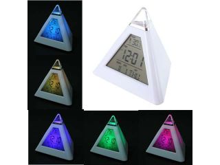7 LED Color Changing Change Pyramid Digital LCD Alarm Clock Thermometer Temperature Gauge