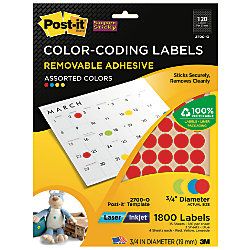 Post it Super Sticky Removable Color Coding Labels 34 Diameter Assorted Colors Pack Of 1800