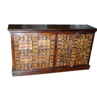 Antique Indian Chest Sideboard Buffet Rustic Carved Animals Red Green 