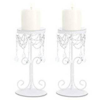 Set of 2 White Elegant Bead Wrought Iron Pillar Candle Holders [Misc.]